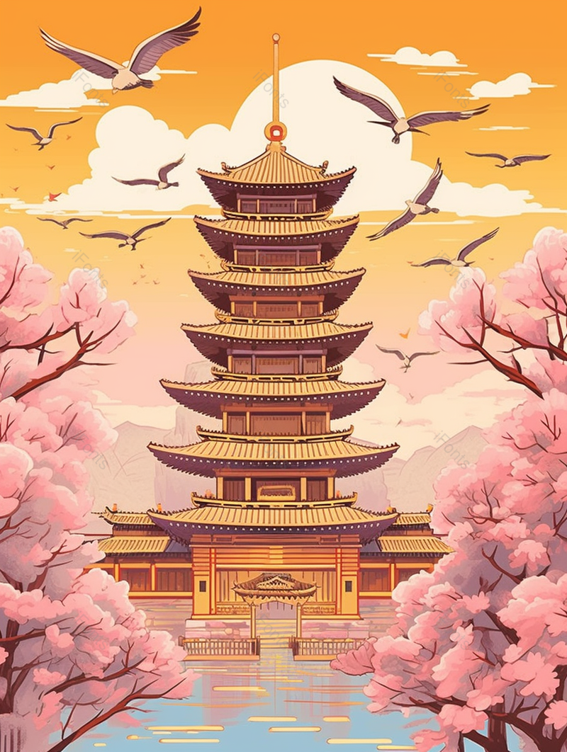 国风武汉黄鹤楼樱花仙鹤装饰画背景,插画/手绘图,插画/手绘图库,插画/手绘图下载,插画/手绘
